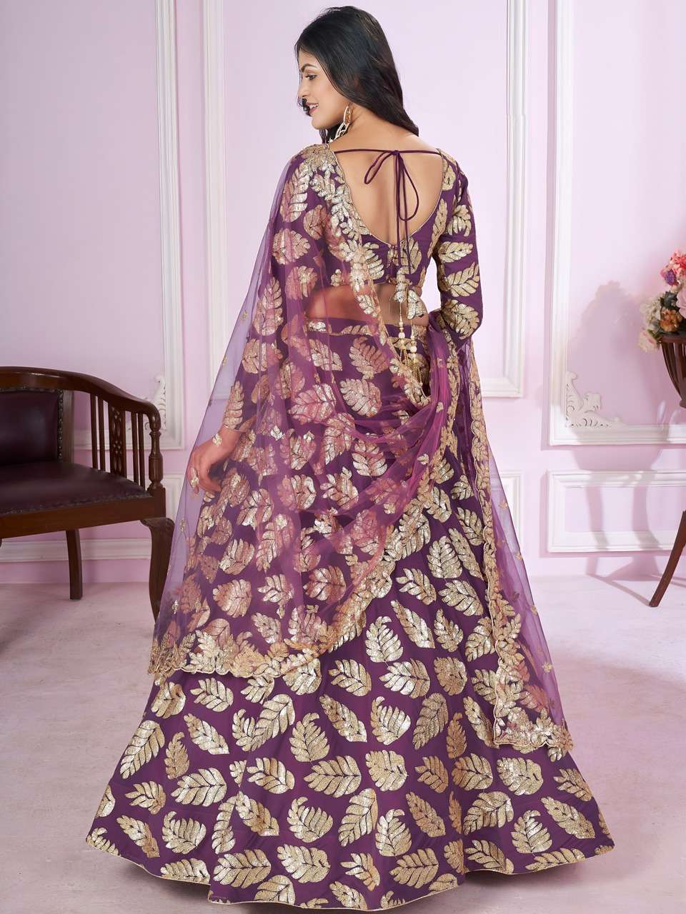 PURPLE SEQUENCE LEAF DESIGNER LEHENGA CHOLI                    