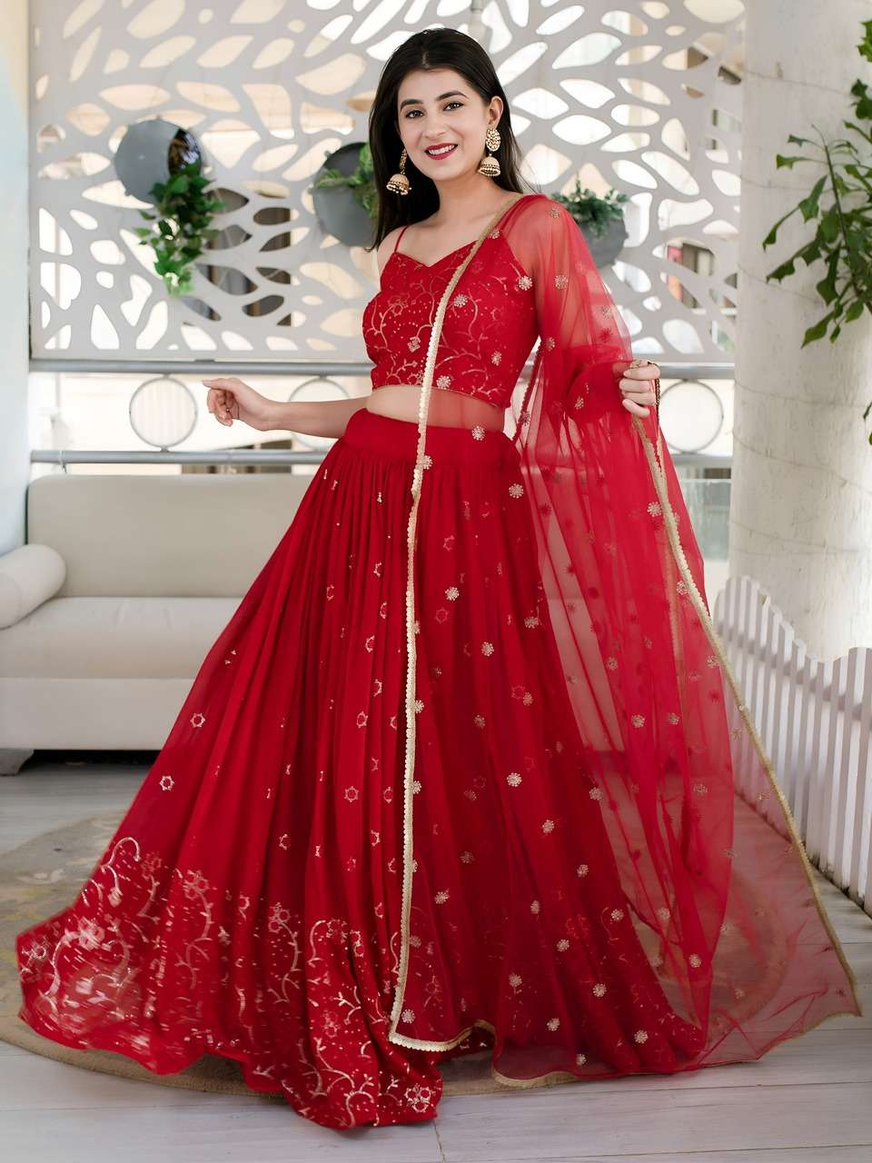 RED EMBROIDERED FESTIVAL LEHENGA CHOLI SET      
