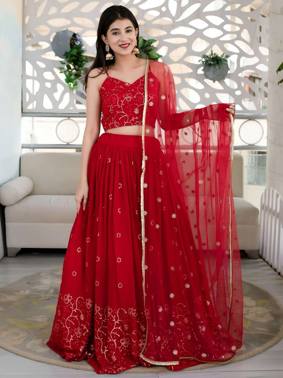 RED EMBROIDERED FESTIVAL LEHENGA CHOLI SET      