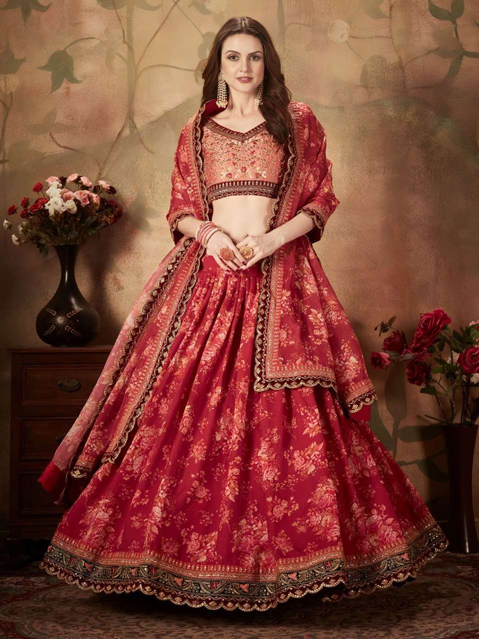 RED FLORAL LEHENGA CHOLI WITH EMBROIDERY BLOUSE