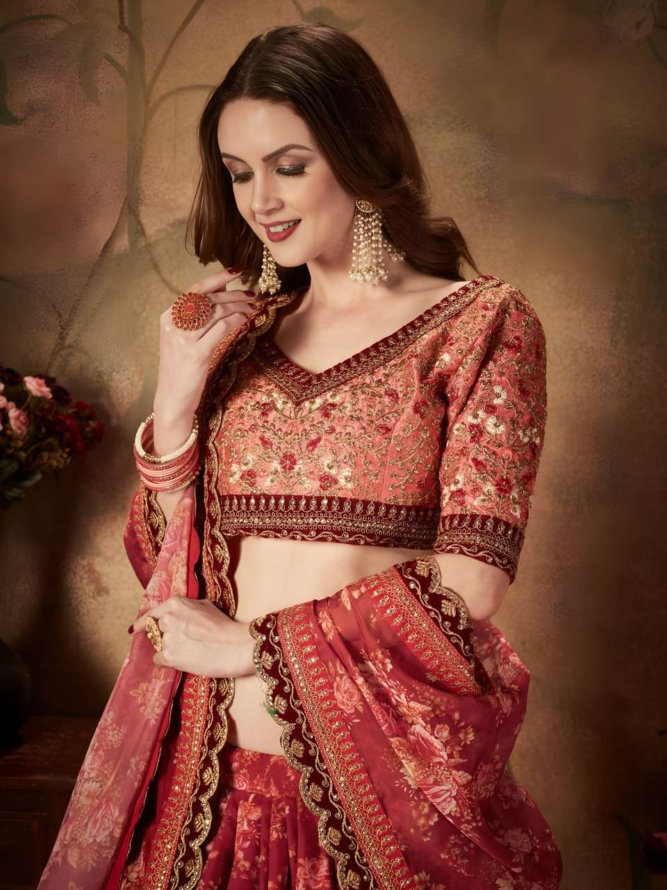 RED FLORAL LEHENGA CHOLI WITH EMBROIDERY BLOUSE