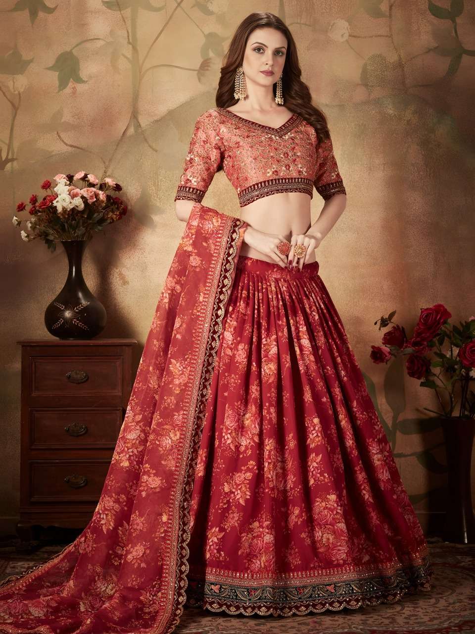 RED FLORAL LEHENGA CHOLI WITH EMBROIDERY BLOUSE