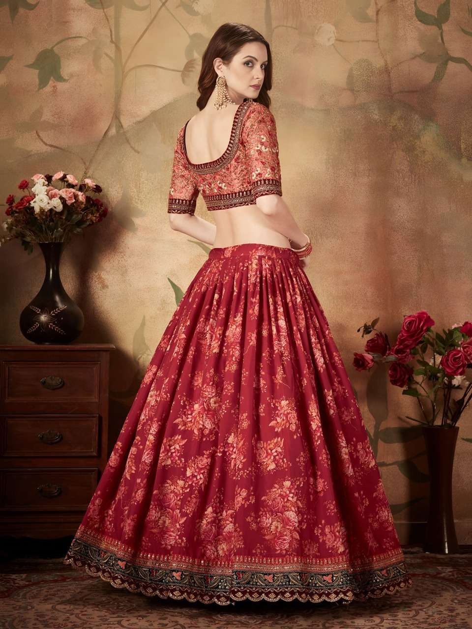 RED FLORAL LEHENGA CHOLI WITH EMBROIDERY BLOUSE