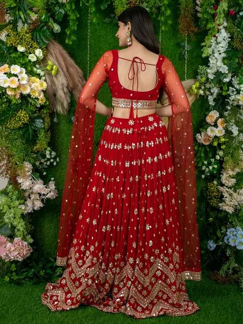  RED SEQUENCE EMBROIDERY LEHENGA WITH DESIGNER BLOUSE AND NET DUPATTA 