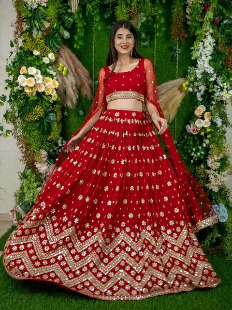  RED SEQUENCE EMBROIDERY LEHENGA WITH DESIGNER BLOUSE AND NET DUPATTA 