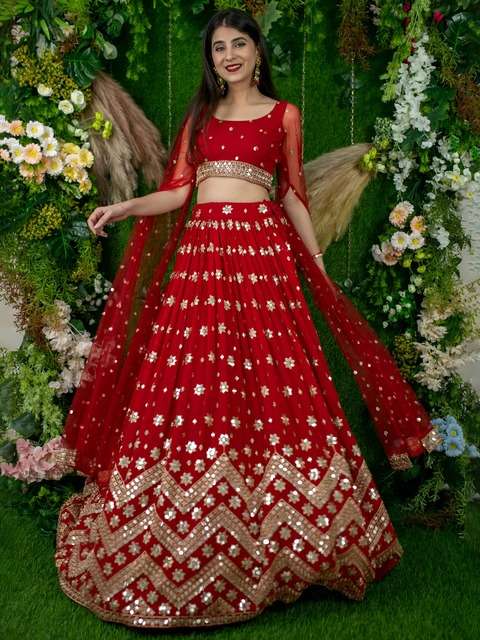  RED SEQUENCE EMBROIDERY LEHENGA WITH DESIGNER BLOUSE AND NET DUPATTA 