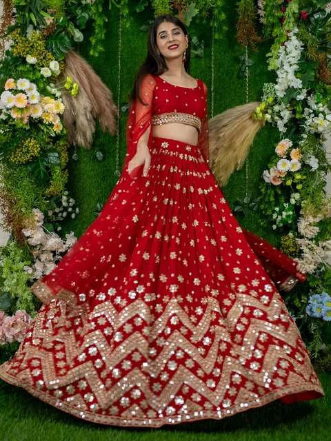  RED SEQUENCE EMBROIDERY LEHENGA WITH DESIGNER BLOUSE AND NET DUPATTA 