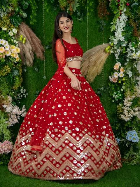  RED SEQUENCE EMBROIDERY LEHENGA WITH DESIGNER BLOUSE AND NET DUPATTA 