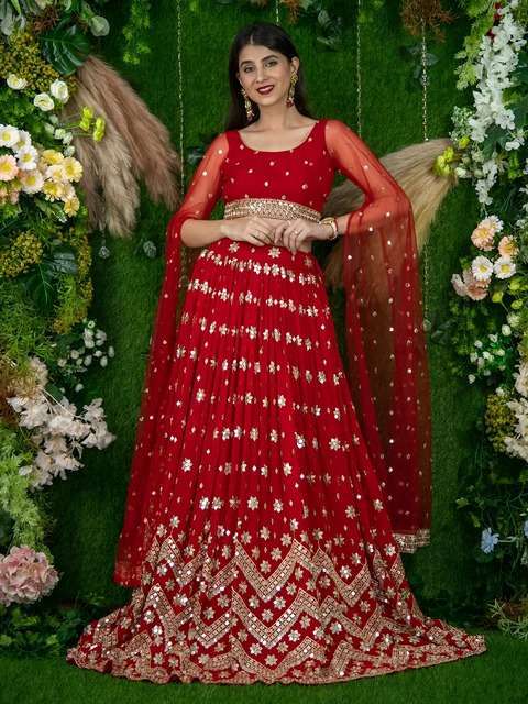  RED SEQUENCE EMBROIDERY LEHENGA WITH DESIGNER BLOUSE AND NET DUPATTA 