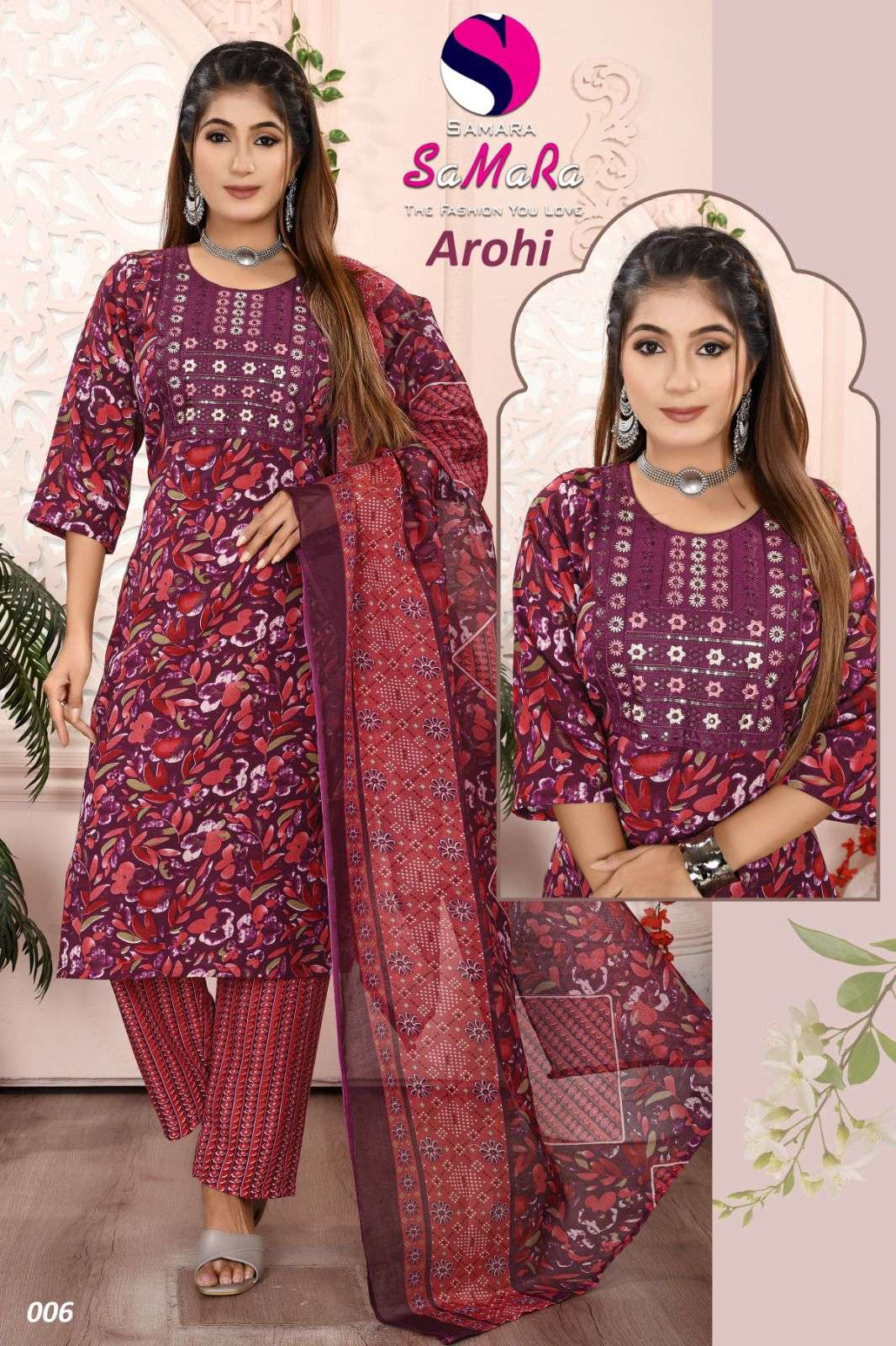 SAMARA LAUNCH NEW SLUB PRINT WITH  NACK SQUENCE EMBROIDERY WORK KURTI AROHI CATALOG