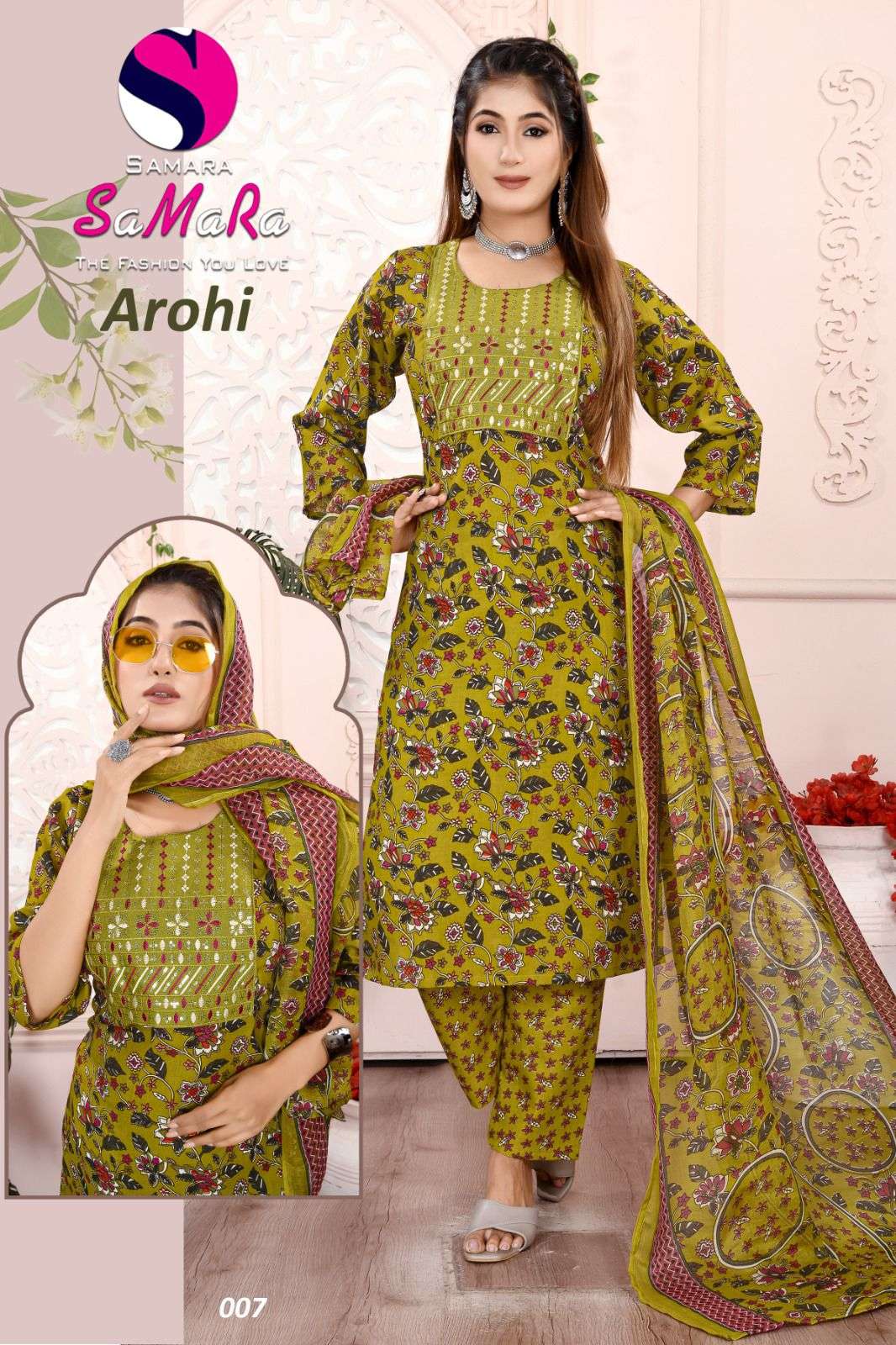 SAMARA LAUNCH NEW SLUB PRINT WITH  NACK SQUENCE EMBROIDERY WORK KURTI AROHI CATALOG