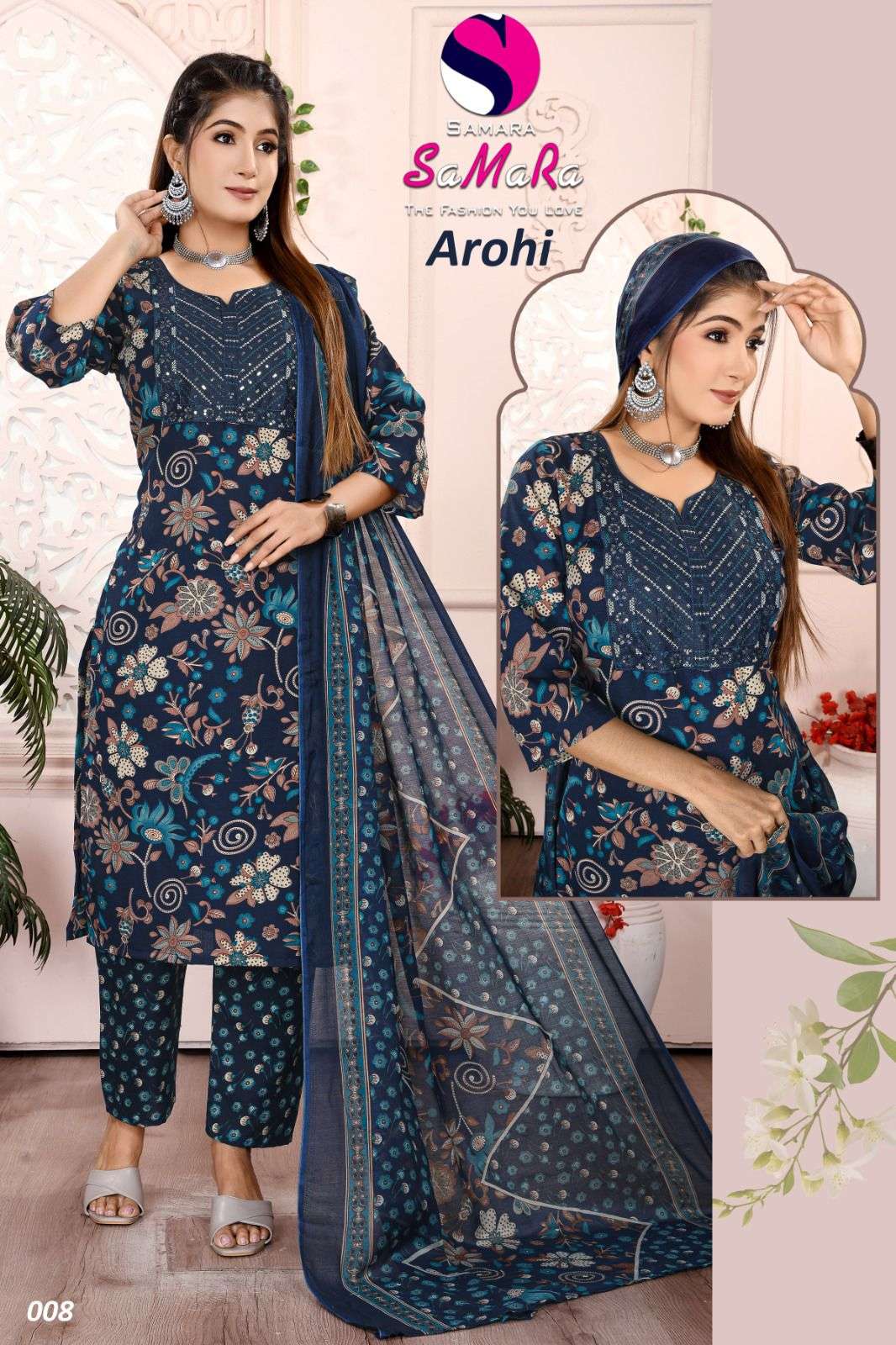 SAMARA LAUNCH NEW SLUB PRINT WITH  NACK SQUENCE EMBROIDERY WORK KURTI AROHI CATALOG