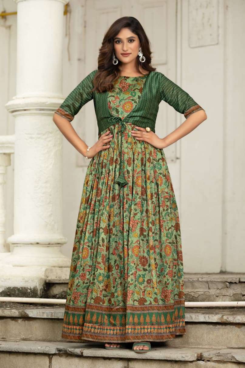 SILK BLEND FEBRIC PRINTED GOWN WITH AN ATTACHED JACKET 