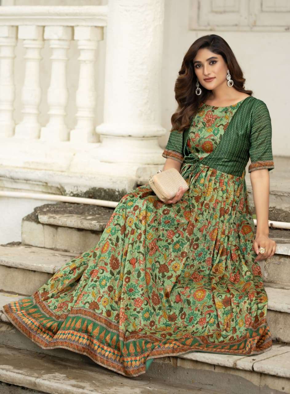 SILK BLEND FEBRIC PRINTED GOWN WITH AN ATTACHED JACKET 