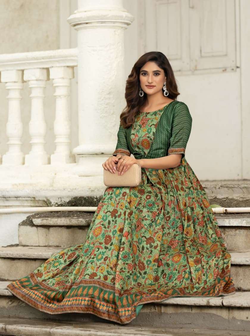 SILK BLEND FEBRIC PRINTED GOWN WITH AN ATTACHED JACKET 