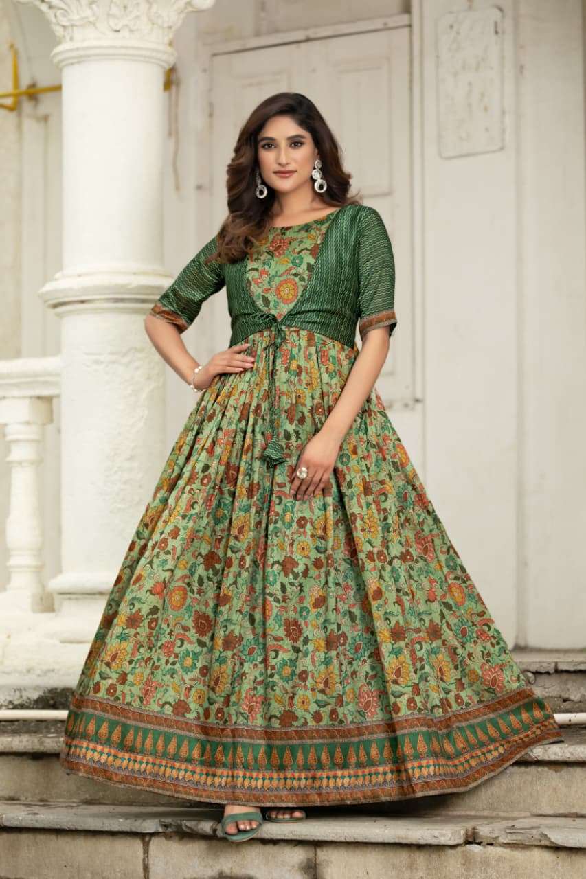 SILK BLEND FEBRIC PRINTED GOWN WITH AN ATTACHED JACKET 