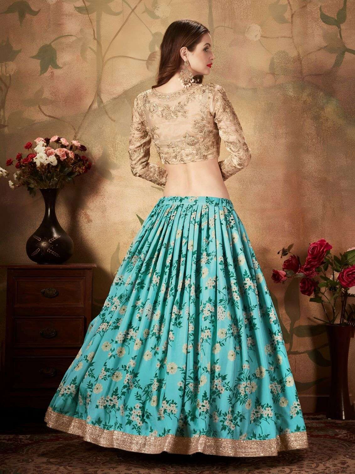 SKY BLUE FLORAL LEHENGA CHOLI WITH GOLDEN EMBROIDERY BLOUSE 