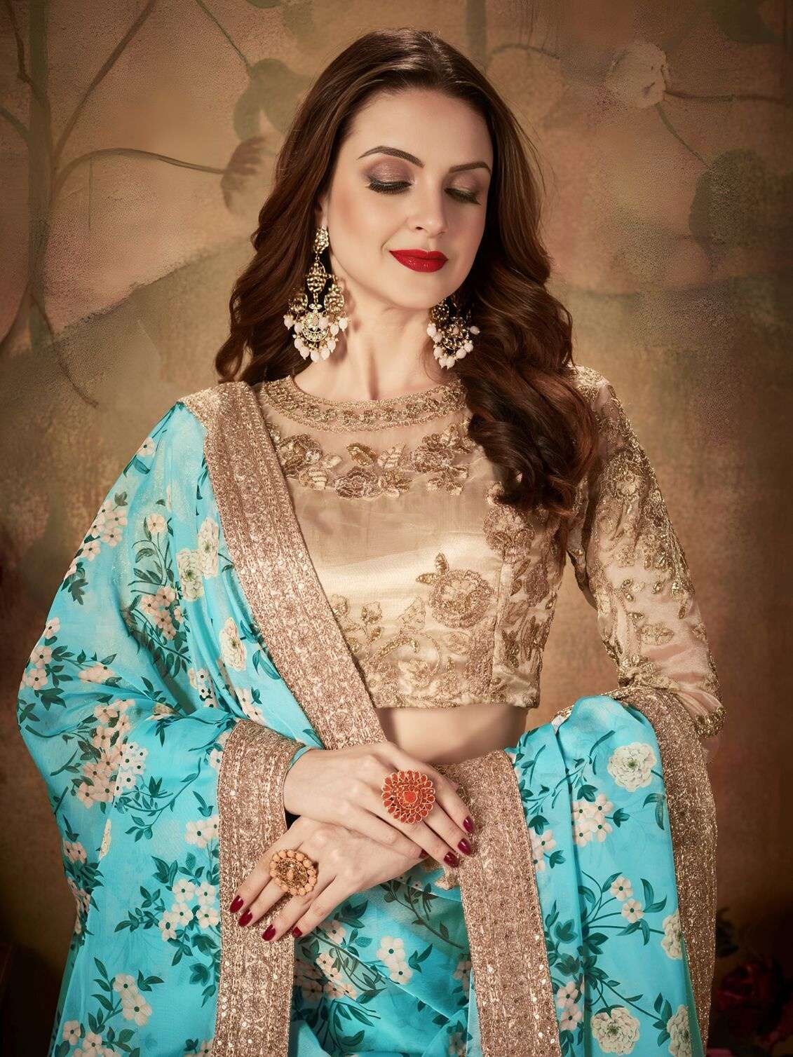 SKY BLUE FLORAL LEHENGA CHOLI WITH GOLDEN EMBROIDERY BLOUSE 