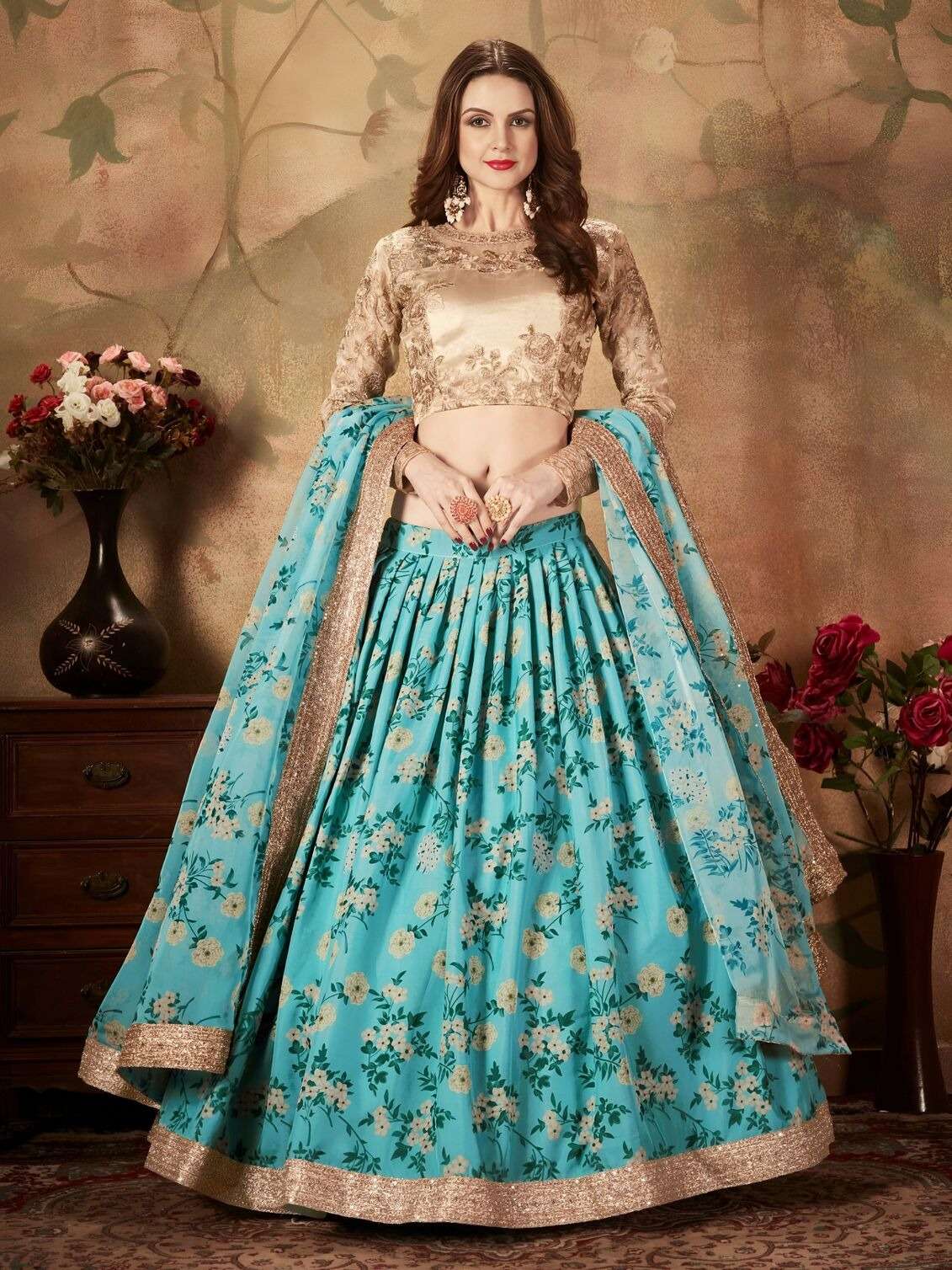 SKY BLUE FLORAL LEHENGA CHOLI WITH GOLDEN EMBROIDERY BLOUSE 
