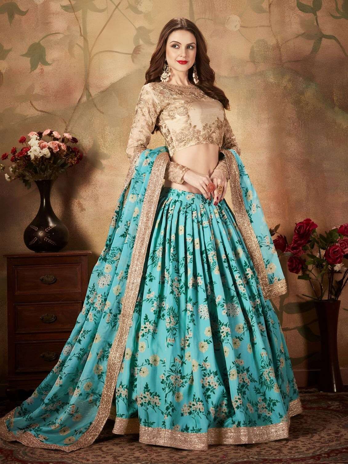 SKY BLUE FLORAL LEHENGA CHOLI WITH GOLDEN EMBROIDERY BLOUSE 