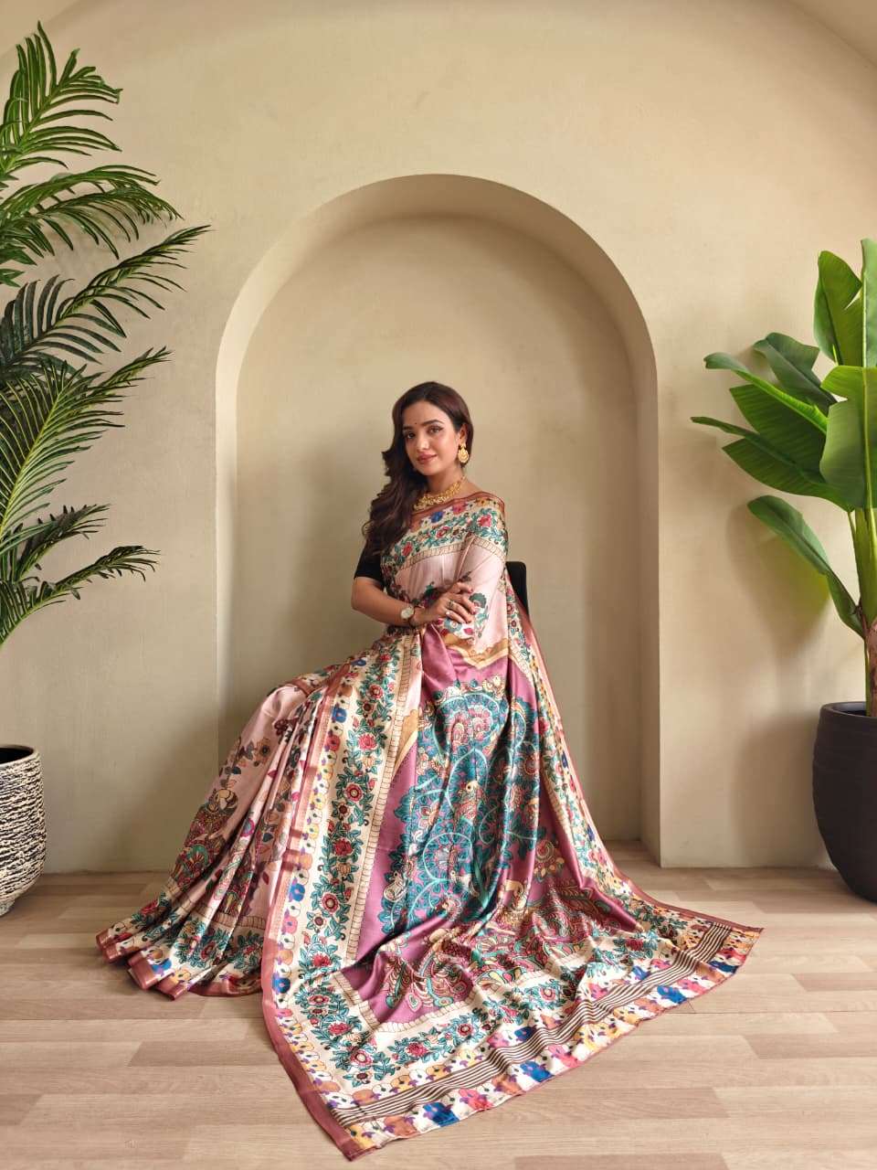 SOFT SILK SAREE WITH NEW KALAMKARI DESIGN AND DIFFERENT COLOURS ZALAK CATALOG