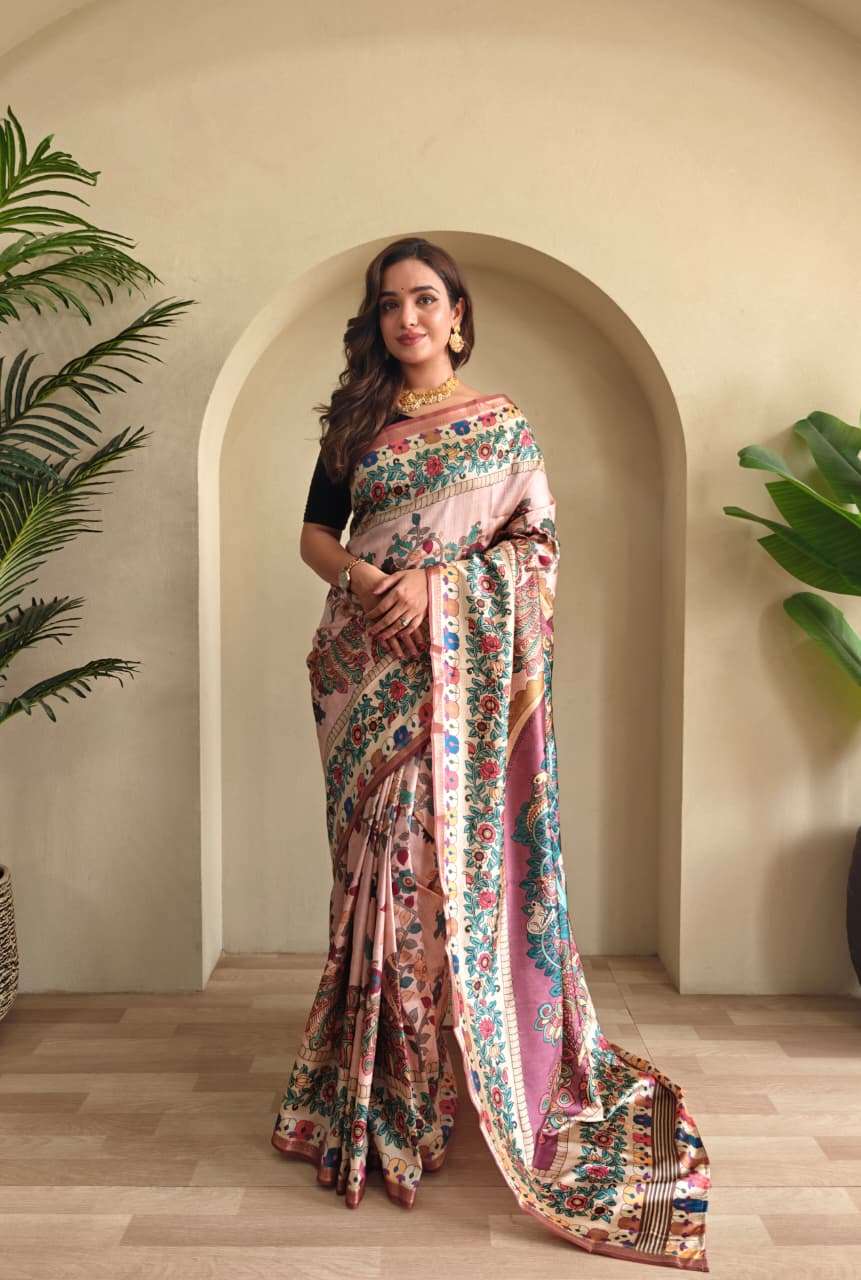 SOFT SILK SAREE WITH NEW KALAMKARI DESIGN AND DIFFERENT COLOURS ZALAK CATALOG