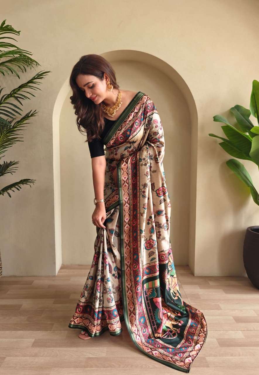 SOFT SILK SAREE WITH NEW KALAMKARI DESIGN AND DIFFERENT COLOURS ZALAK CATALOG