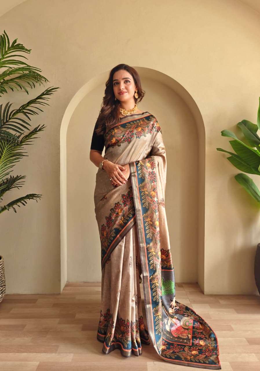 SOFT SILK SAREE WITH NEW KALAMKARI DESIGN AND DIFFERENT COLOURS ZALAK CATALOG