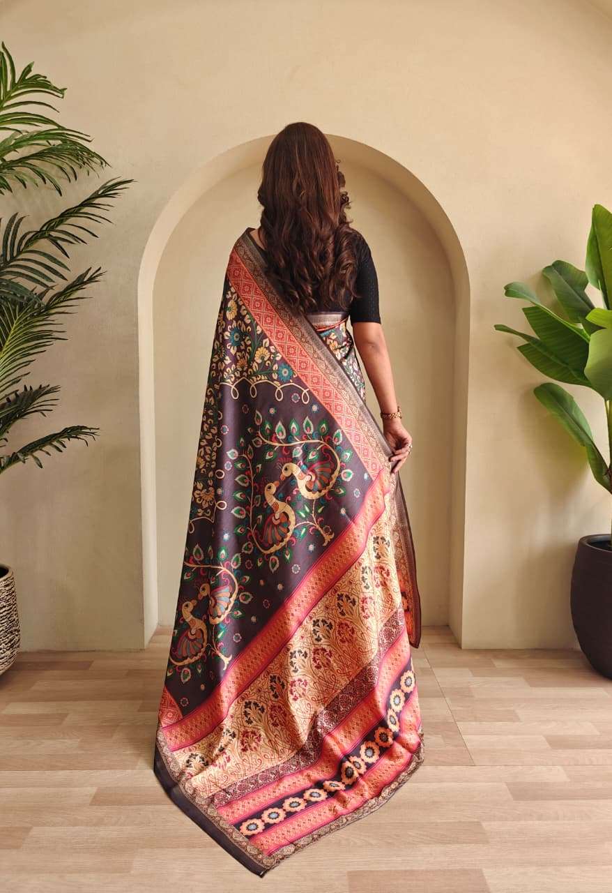 SOFT SILK SAREE WITH NEW KALAMKARI DESIGN AND DIFFERENT COLOURS ZALAK CATALOG