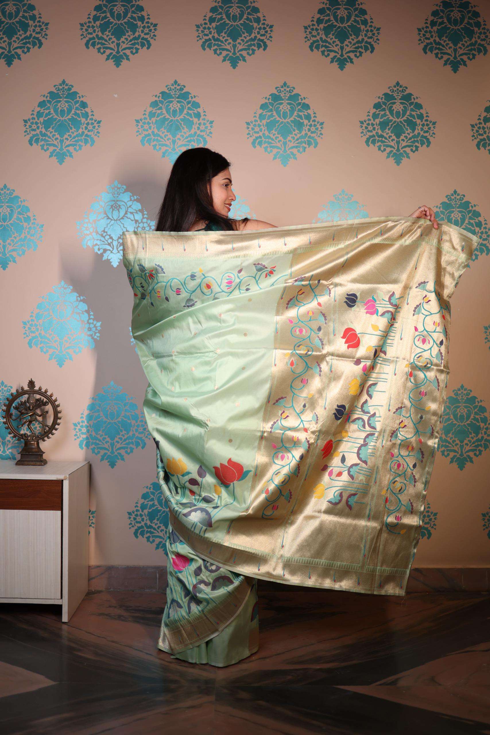 SOFT SILK WITH GOLD ZARI AND BUTTI AND PAITHANI RICH PALLU SAREE SAIYARA CATALOG