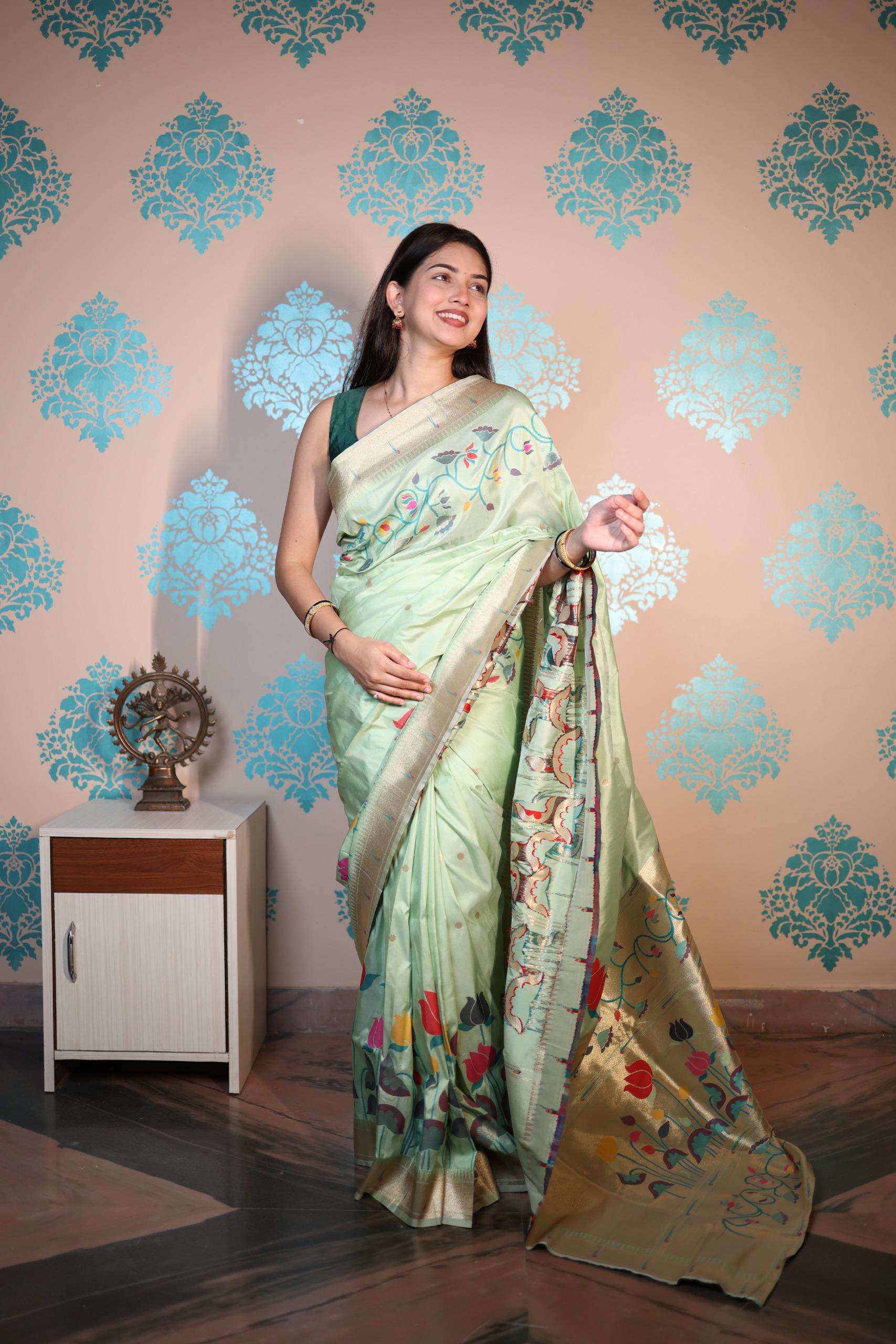 SOFT SILK WITH GOLD ZARI AND BUTTI AND PAITHANI RICH PALLU SAREE SAIYARA CATALOG