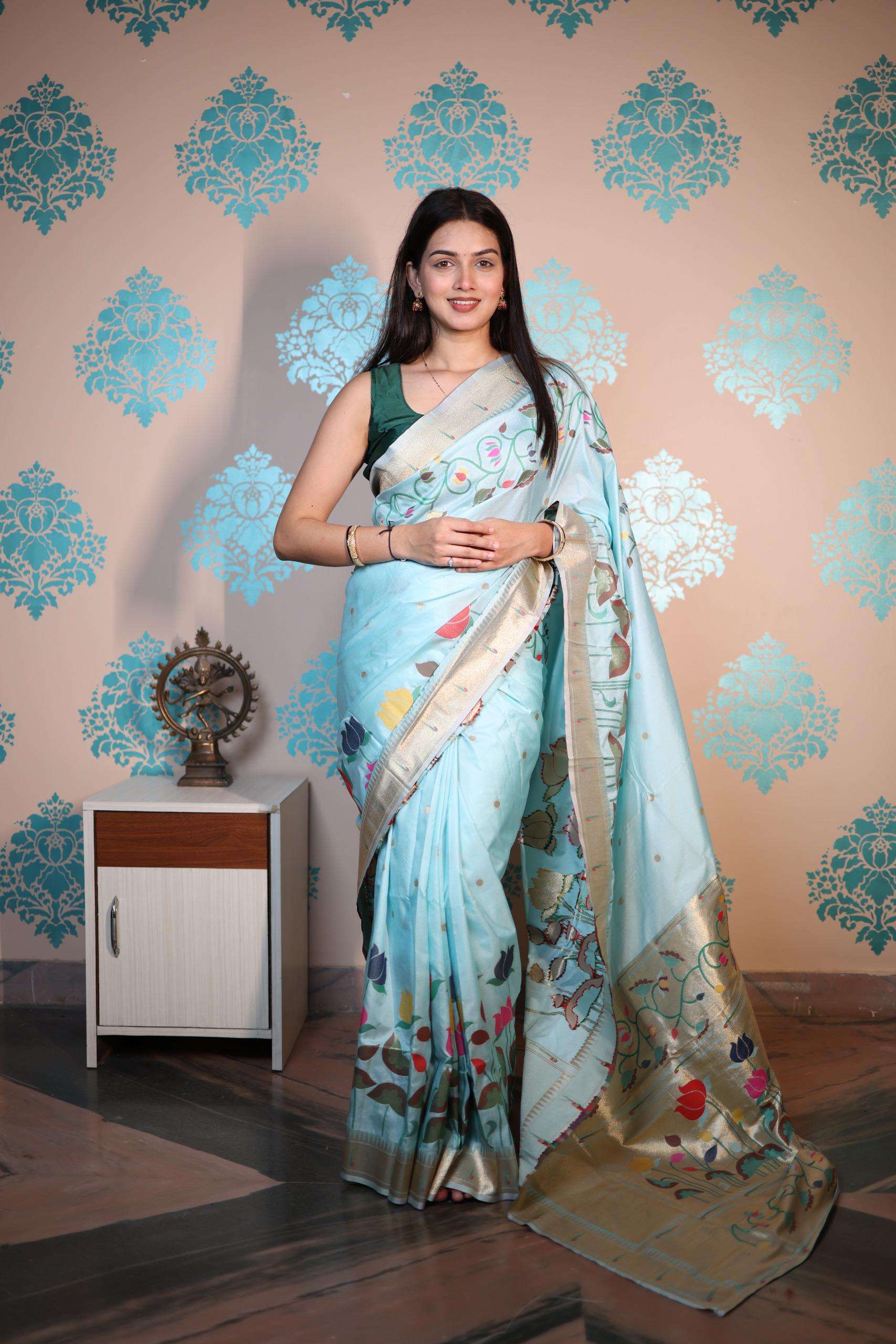 SOFT SILK WITH GOLD ZARI AND BUTTI AND PAITHANI RICH PALLU SAREE SAIYARA CATALOG