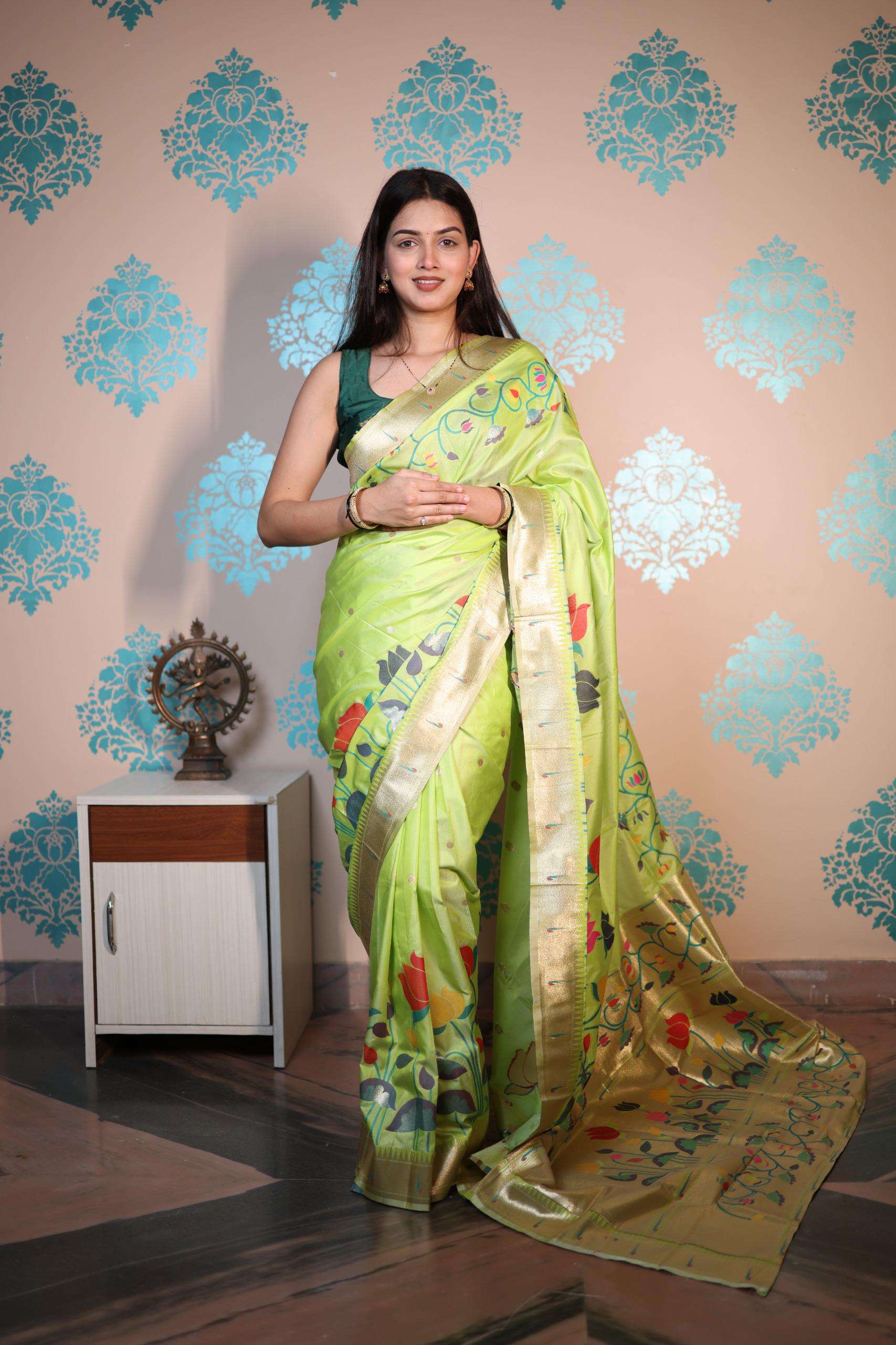 SOFT SILK WITH GOLD ZARI AND BUTTI AND PAITHANI RICH PALLU SAREE SAIYARA CATALOG
