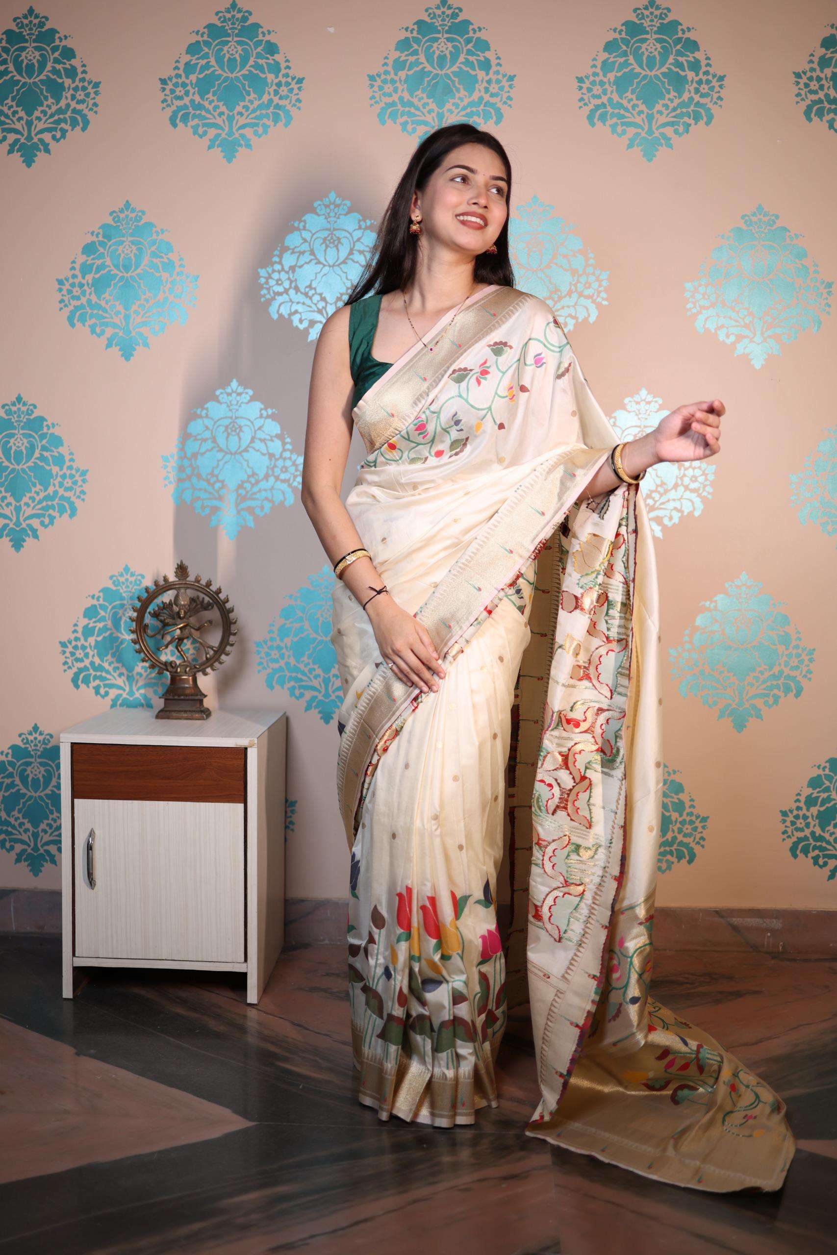 SOFT SILK WITH GOLD ZARI AND BUTTI AND PAITHANI RICH PALLU SAREE SAIYARA CATALOG
