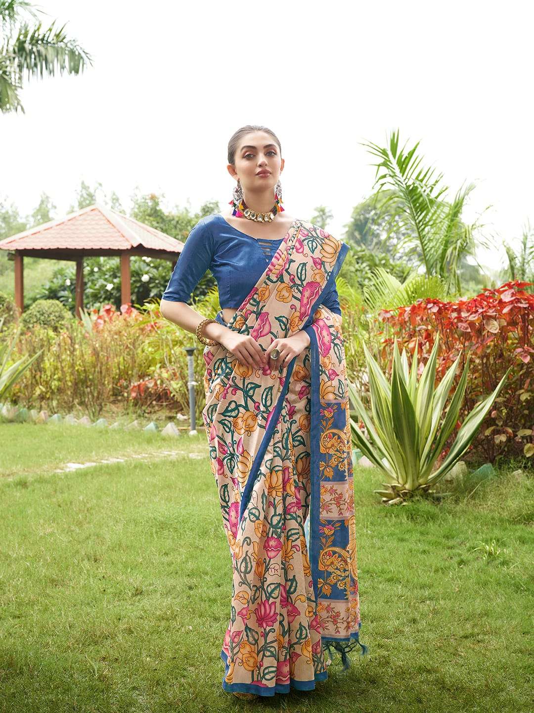 SOFT TASAR SILK SAREE WITH BEAUTIFUL KALAMKARI PRINTS WITH TRADITIONAL PRINTED PALLU 