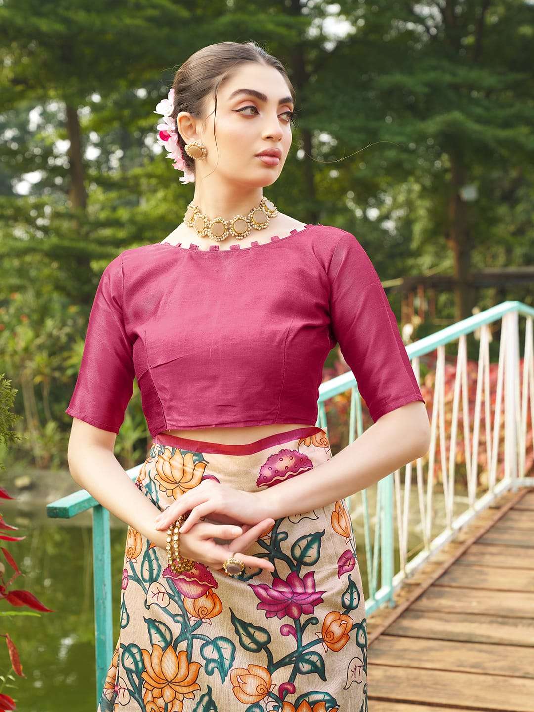 SOFT TASAR SILK SAREE WITH BEAUTIFUL KALAMKARI PRINTS WITH TRADITIONAL PRINTED PALLU 