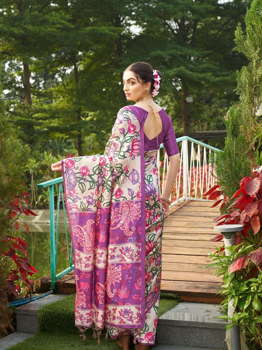 SOFT TASAR SILK SAREE WITH BEAUTIFUL KALAMKARI PRINTS WITH TRADITIONAL PRINTED PALLU 
