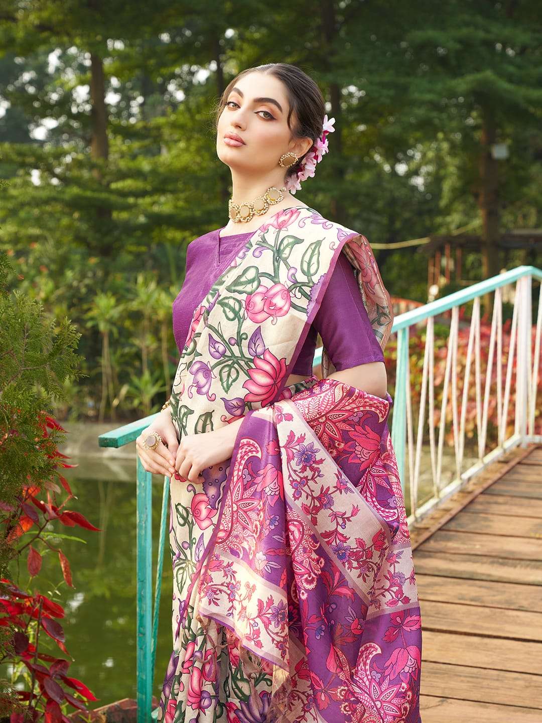 SOFT TASAR SILK SAREE WITH BEAUTIFUL KALAMKARI PRINTS WITH TRADITIONAL PRINTED PALLU 