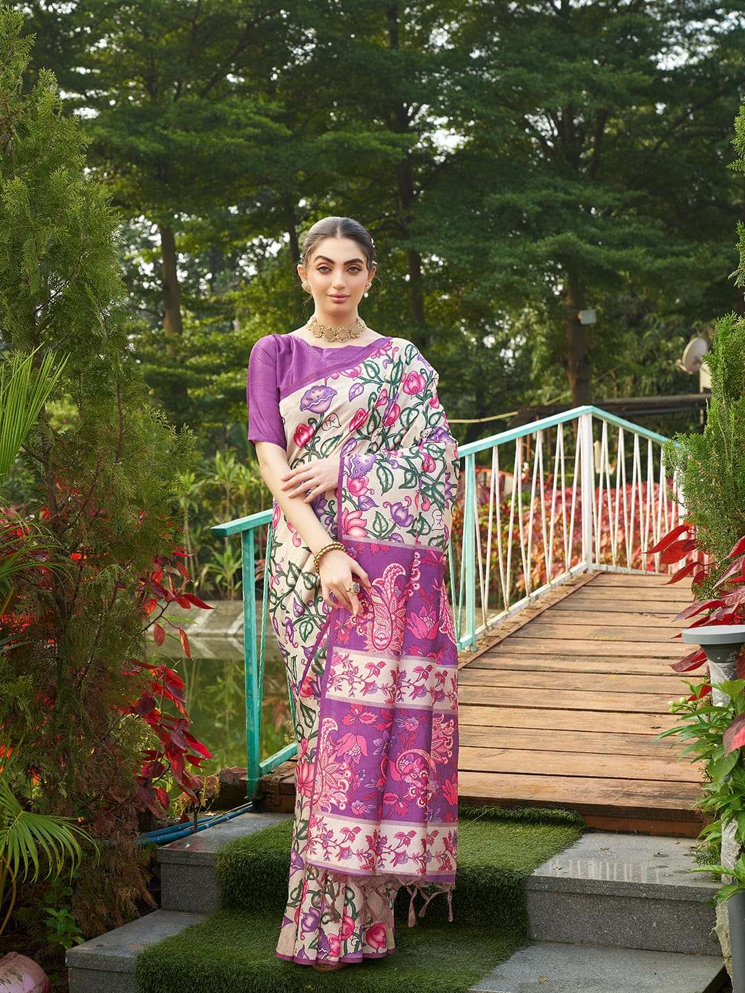 SOFT TASAR SILK SAREE WITH BEAUTIFUL KALAMKARI PRINTS WITH TRADITIONAL PRINTED PALLU 