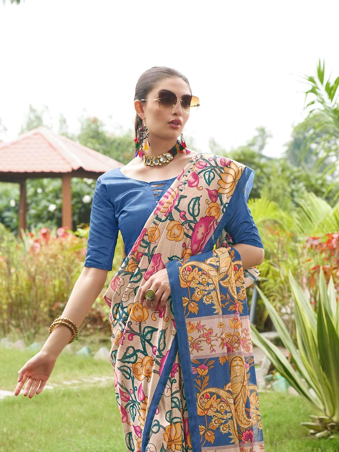 SOFT TASAR SILK SAREE WITH BEAUTIFUL KALAMKARI PRINTS WITH TRADITIONAL PRINTED PALLU 
