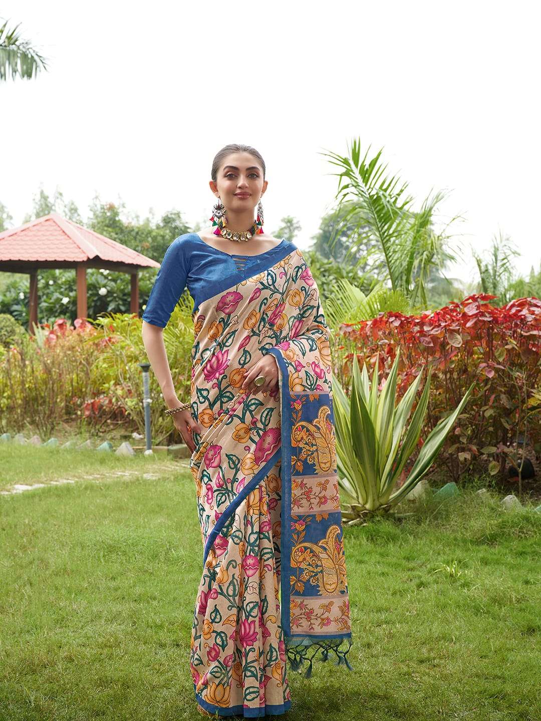 SOFT TASAR SILK SAREE WITH BEAUTIFUL KALAMKARI PRINTS WITH TRADITIONAL PRINTED PALLU 