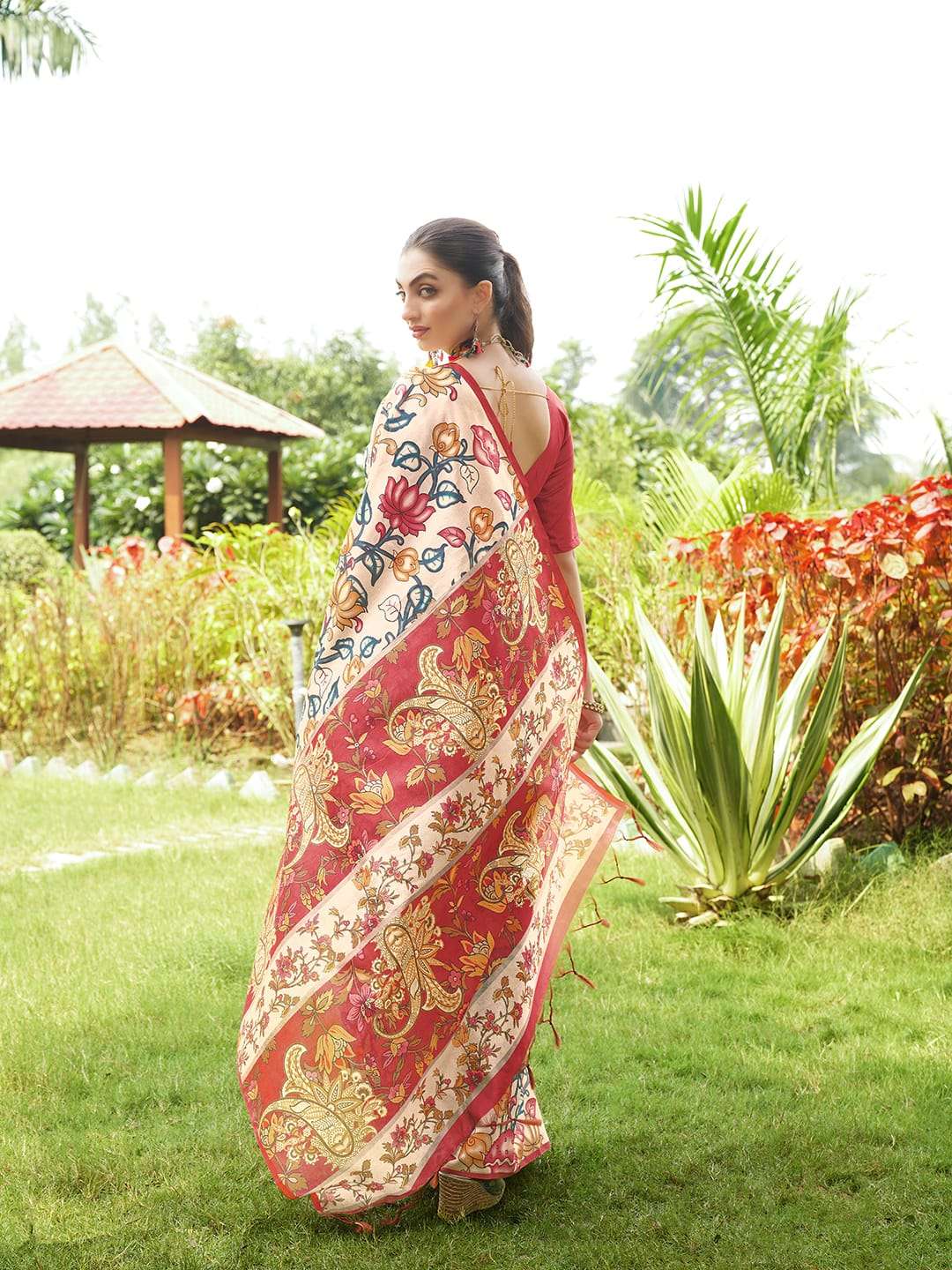 SOFT TASAR SILK SAREE WITH BEAUTIFUL KALAMKARI PRINTS WITH TRADITIONAL PRINTED PALLU 