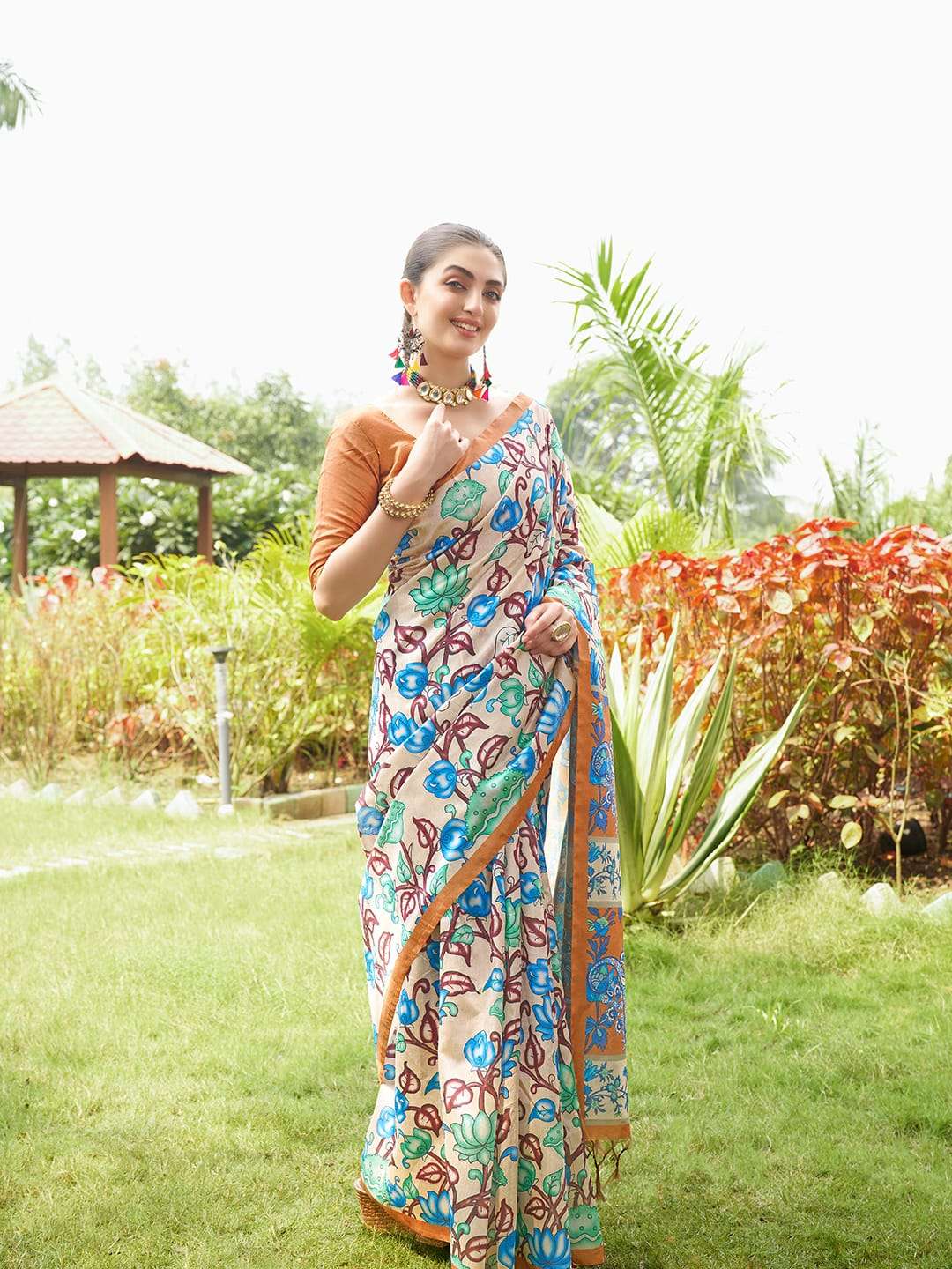 SOFT TASAR SILK SAREE WITH BEAUTIFUL KALAMKARI PRINTS WITH TRADITIONAL PRINTED PALLU 