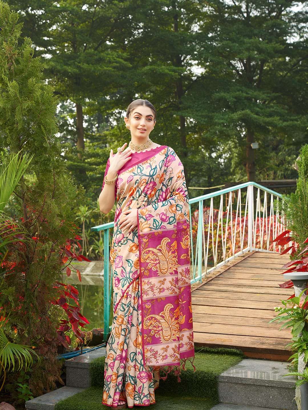 SOFT TASAR SILK SAREE WITH BEAUTIFUL KALAMKARI PRINTS WITH TRADITIONAL PRINTED PALLU 