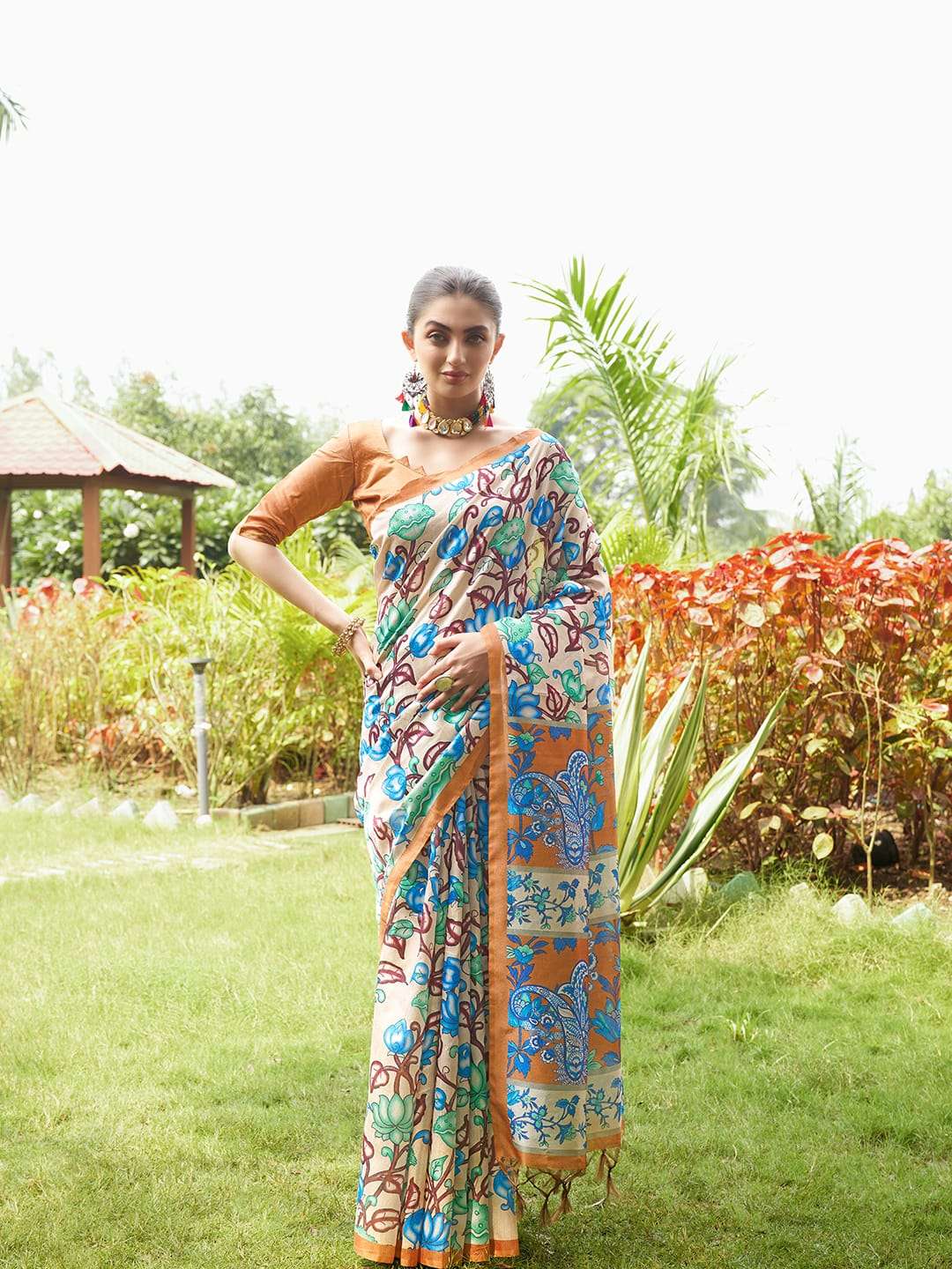 SOFT TASAR SILK SAREE WITH BEAUTIFUL KALAMKARI PRINTS WITH TRADITIONAL PRINTED PALLU 