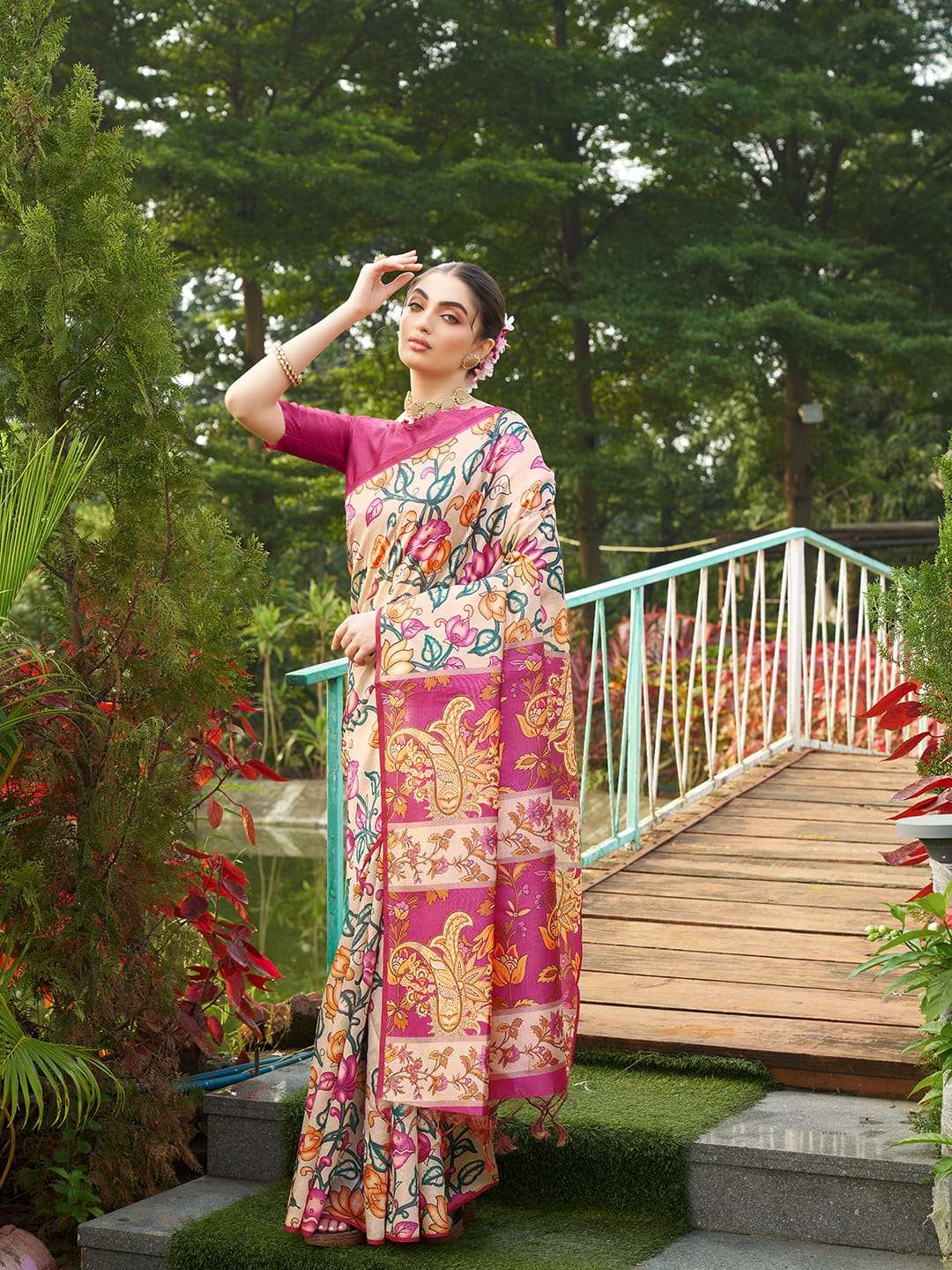 SOFT TASAR SILK SAREE WITH BEAUTIFUL KALAMKARI PRINTS WITH TRADITIONAL PRINTED PALLU 