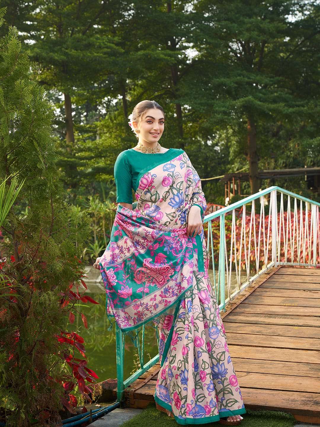 SOFT TASAR SILK SAREE WITH BEAUTIFUL KALAMKARI PRINTS WITH TRADITIONAL PRINTED PALLU 