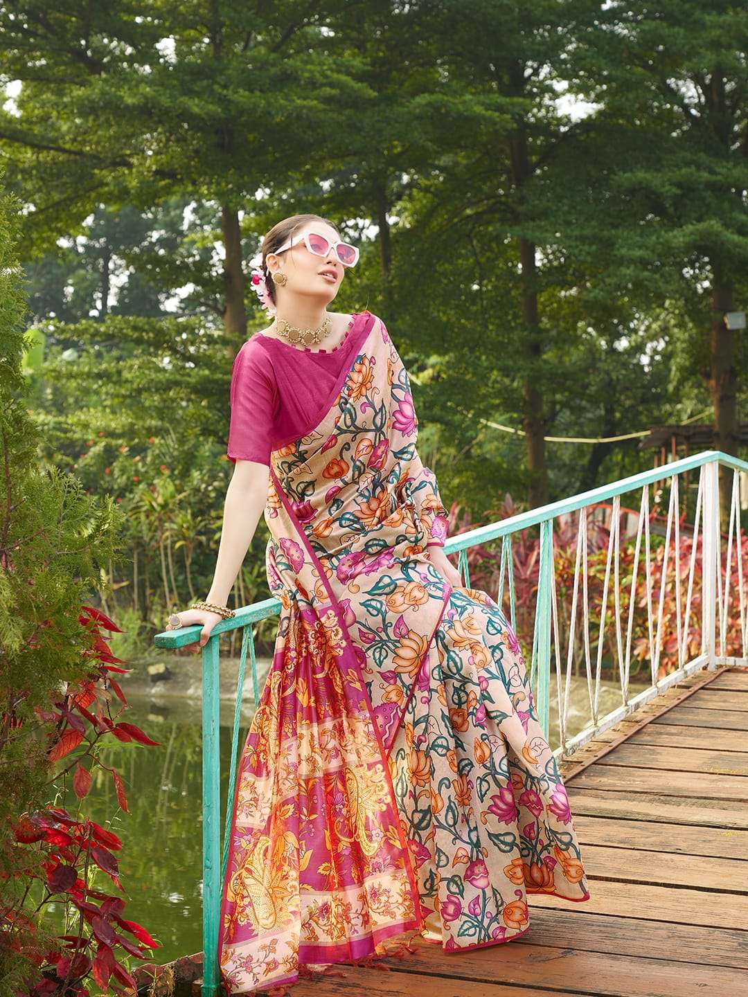 SOFT TASAR SILK SAREE WITH BEAUTIFUL KALAMKARI PRINTS WITH TRADITIONAL PRINTED PALLU 