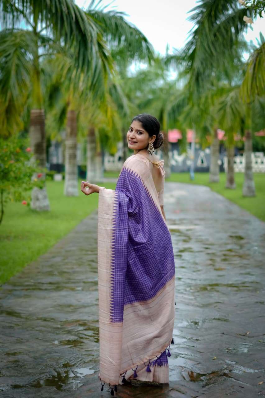 SOFT TUSSAR SILK SAREE WITH ALL OVER CHEKS PRINTED PATTERN AND KANTH WEAVING CONTRAST BORDER WITH KANTHA LINNING PALLU