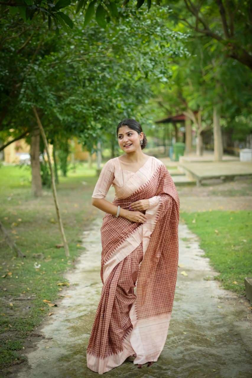 SOFT TUSSAR SILK SAREE WITH ALL OVER CHEKS PRINTED PATTERN AND KANTH WEAVING CONTRAST BORDER WITH KANTHA LINNING PALLU
